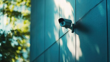 A security camera is mounted on a wall