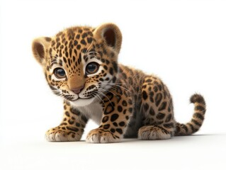 Obraz premium Crouching baby leopard cub in studio wildlife photography young animal soft lighting adorable expression