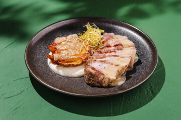 Savory grilled meat with creamy sauce and crispy side served on a stylish plate in a vibrant green setting