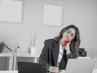 Business woman neck pain concept,  20s caucasian stressed tired exhausted  business woman neck pain...