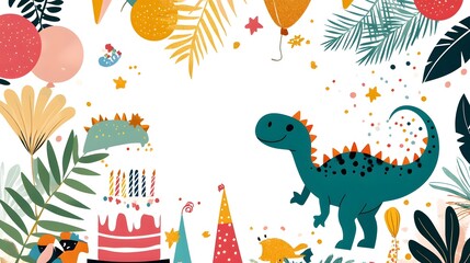 Obraz premium Colorful Dino Party Theme with Cake, Balloons, and Decorations for Kids Birthday Celebration