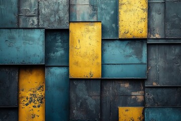 Colorful abstract wall design featuring geometric patterns and weathered textures in a blend of blue and yellow tones