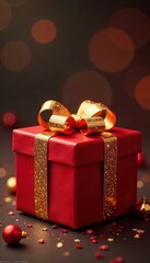 Elegant gift box, golden bauble, starburst bokeh , bright, xmas ball, box