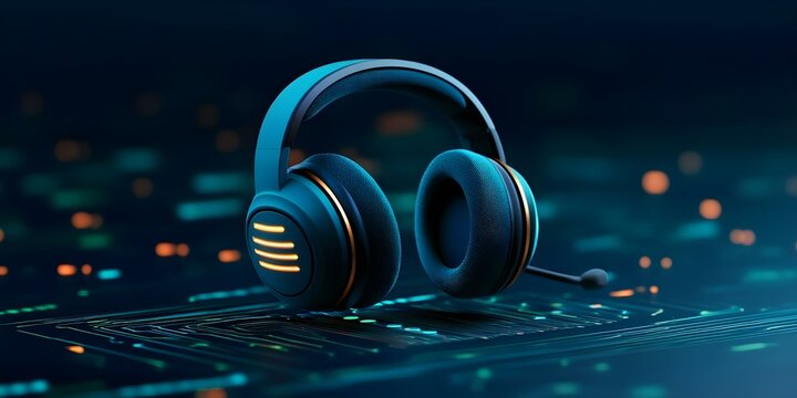 A pair of modern gaming headphones displayed on a digital circuit background with blue and orange lights. Concept Gaming Headphones, Modern Design, Digital Circuit Background, Blue and Orange Lights