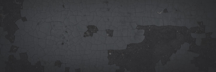 Dark wide panoramic background. Peeling paint on a concrete wall. Faded dark texture of old cracked flaking paint. Weathered rough painted surface with patterns of cracks. Shaded background for design