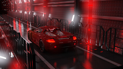 Ein Sportwagen in einem rot beleuchteten futuristischen Tunnel