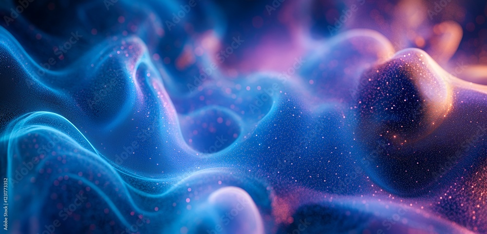 Poster abstract glowing particle clouds in vibrant blues and purples swirling in an ethereal pattern