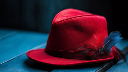 Classic red fedora hat on dark surface. Suitable for vintage fashion, classic style, and accessories marketing.