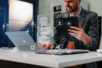 Digital transformation technology strategy, Person using laptop, tablet and smartphone with of...