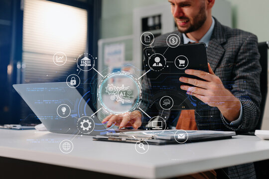 Digital transformation technology strategy, Person using laptop, tablet and smartphone with of things. transformation of ideas and the adoption.