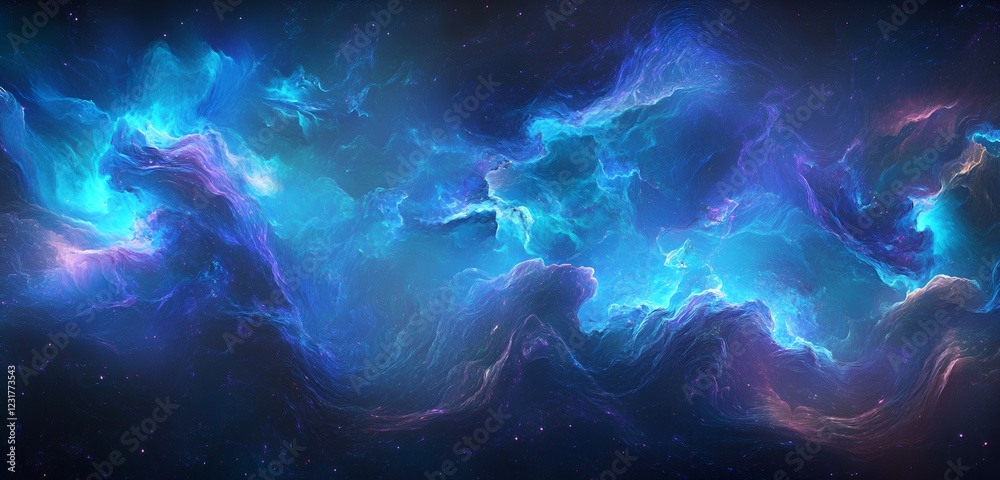 Poster abstract glowing particle clouds in vibrant blues and purples swirling in an ethereal pattern