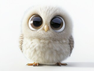 Obraz premium Fluffy baby owl with big eyes close-up photography cute animal portrait soft white background adorable viewpoint