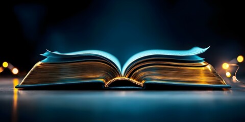 An open book with illuminated pages, surrounded by soft, glowing lights, creating a warm, inviting atmosphere. Concept Illuminated Pages, Cozy Atmosphere, Warm Glowing Lights, Enchanting Book