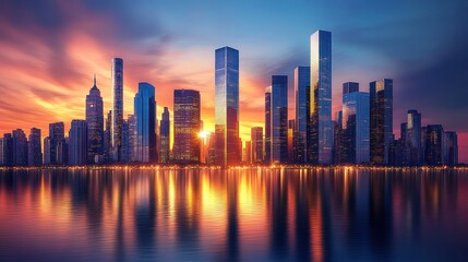 Fototapeta premium Cityscape sunset reflection, waterfront, skyscrapers, vibrant sky, urban, promotional