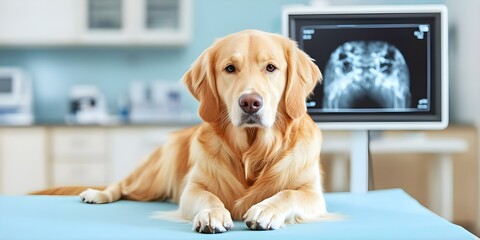 A golden retriever laying on a vet table with an X-ray image displayed on a screen in the background. Concept Veterinary Care, Golden Retriever, X-ray Imaging, Pet Health, Animal Diagnostics