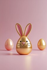 Obraz premium Gold Easter Bunny Egg with Pink and Gold Eggs on a Soft Pink Background