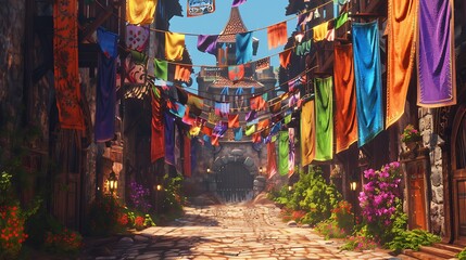 Obraz premium An entrance decorated with colorful banners and flags for a festive occasion.