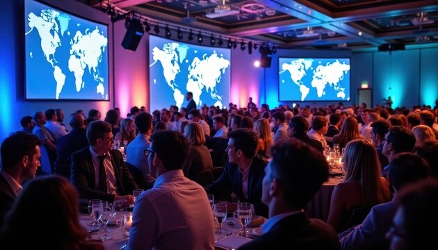 Global Business Conference Attendees Networking at Dinner Event with World Map Projections