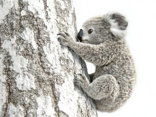 Obraz premium Baby koala clinging to tree australian wildlife animal photography nature close-up endearing concept