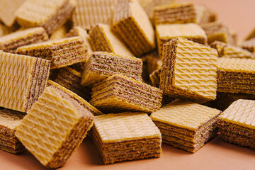 Delightful layers of crunchy wafers piled high in a cozy setting ideal for snacking anytime during the day