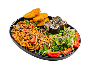 Delicious Asian-inspired platter featuring noodles, sushi rolls, crispy chicken, and fresh salad
