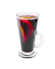 Delicious warm beverage with spices and fruits served in a clear glass during a chilly evening