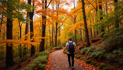 Fototapeta premium Solo hiker walking along winding autumn trail, nature tranquility