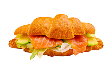 Savory croissant sandwich filled with salmon, avocado, and fresh greens enjoyed for lunch