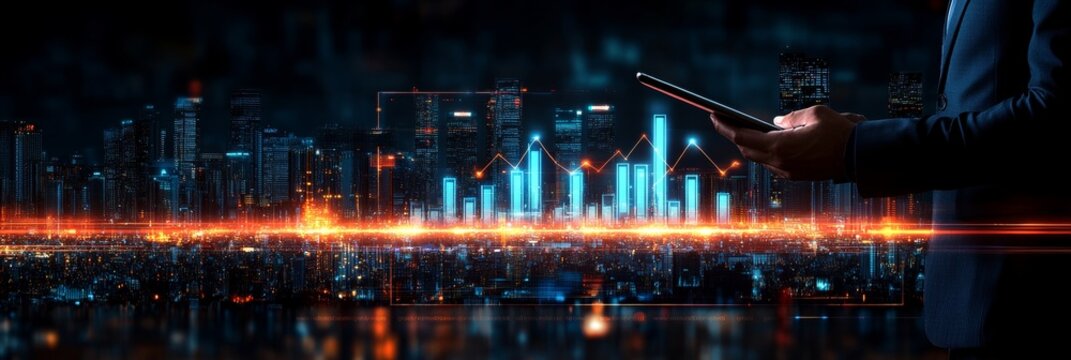 Businessman Analyzing Upward Trending Graph on Tablet, Cityscape Background, Technology Concept