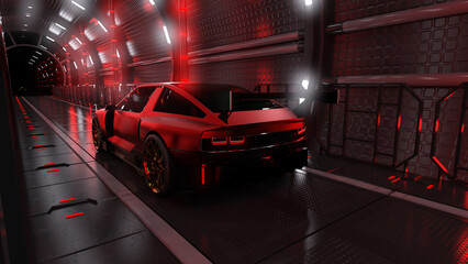 Ein Sportwagen in einem rot beleuchteten futuristischen Tunnel
