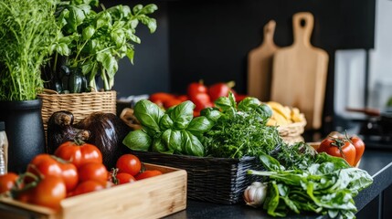A modern kitchen counter with a variety of fresh, organic ingredients arranged aesthetically.