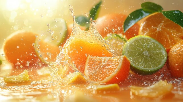 Fresh oranges and limes splashing into a glass with fruit juice banner and bright citrus colors