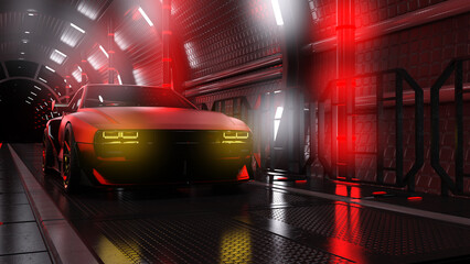 Ein Sportwagen in einem rot beleuchteten futuristischen Tunnel