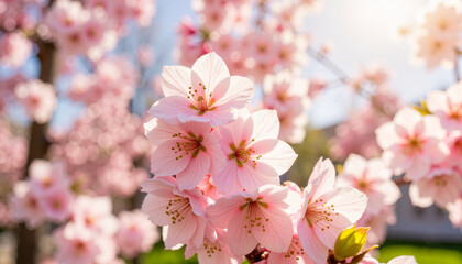 Obraz premium Delicate cherry blossom petals glowing in sunlight, spring beauty