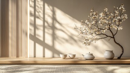 Vase with a flower on table and minimalist japanese tea ceremony banner in soft colors