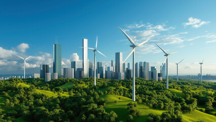 A vibrant urban landscape showcases wind turbines amid a modern city symbolizing a commitment to renewable energy.