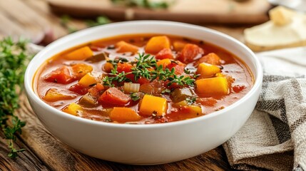 A nourishing bowl of vegetable soup garnished with fresh herbs, placed on a rustic kitchen table.