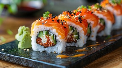 Plate of sushi rolls with salmon and avocado alongside a vegan sushi banner with fresh ingredients