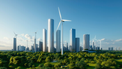 A vibrant sustainable urban landscape featuring wind turbines showcasing eco-friendly technology within a city setting, renewable energy.