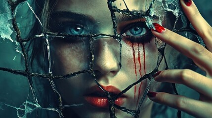 Chains breaking apart under a hand, vivid designs, and a rebellious youthful face with smudged makeup in a cracked mirror.