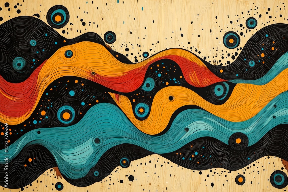 Poster Abstract mural featuring vibrant colors and swirling patterns in an urban setting during daylight