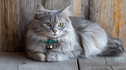 Grey cat with bell collar on wooden floor. Perfect for pet identification, animal safety, and home lifestyle themes.