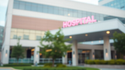 Modern hospital exterior blurred in the background with an empty space to add text about healthcare services