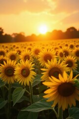Obraz premium Golden hour sunlight illuminates a sunflower field, creating a radiant backdrop , rural, scenic, background