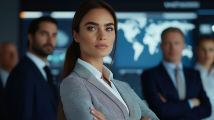 A powerful businesswoman leader stands confidently with her team at a corporate meeting symbolizing teamwork and innovation in a professional setting, Equality and empowerment.
