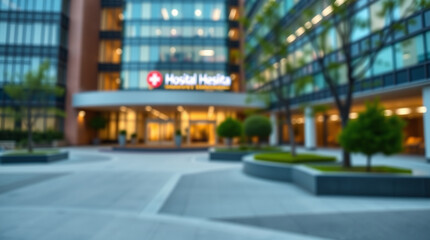 Modern hospital exterior blurred in the background with an empty space to add text about healthcare services