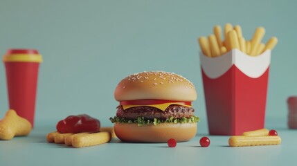 Mouthwatering 3D Render of a Cheeseburger Combo