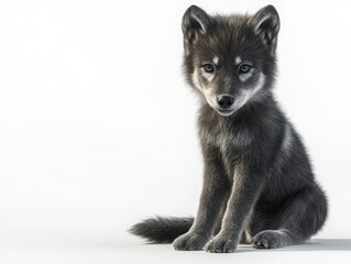 Obraz premium Playful wolf pup sitting gracefully in a bright studio captivating portrait of wild beauty