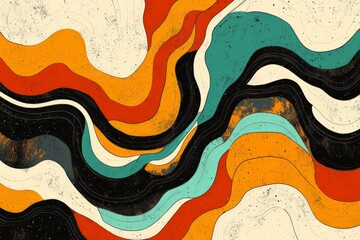 Colorful abstract design featuring flowing lines and shapes with vibrant orange, black, and turquoise hues