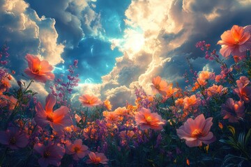 A fantasy garden where oversized, luminescent flowers bloom under a sky filled with swirling clouds. The colors are vibrant and otherworldly, creating a magical, dreamlike atmosphere.